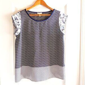 Joie Blue Tan Floral Geometric Print Silk Cap Sleeve Top